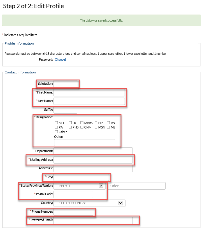 Screen shot: Step 2 of 2 Edit Profile with Saluation, First NAme, Last NAme, Designation, Mailing Address, City, State, Postal Code, Phone Number and Preferred email fields highlighted